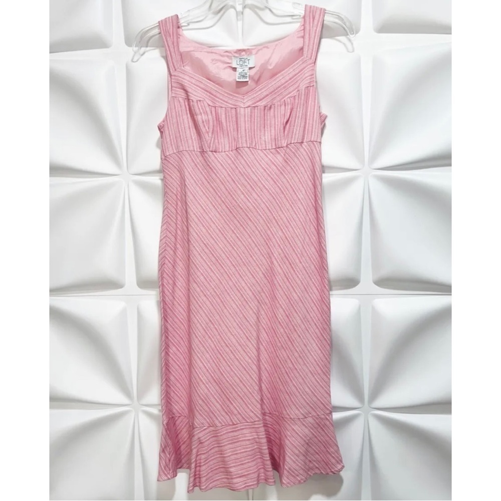 Ann Taylor LOFT Sz 2P 2 P Pink Linen Bld Empire Waist Peplum Hem Dress Y2K Vtg